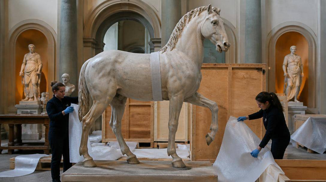 Tecnici preparano l'allestimento di una grande scultura equina in un museo storico.