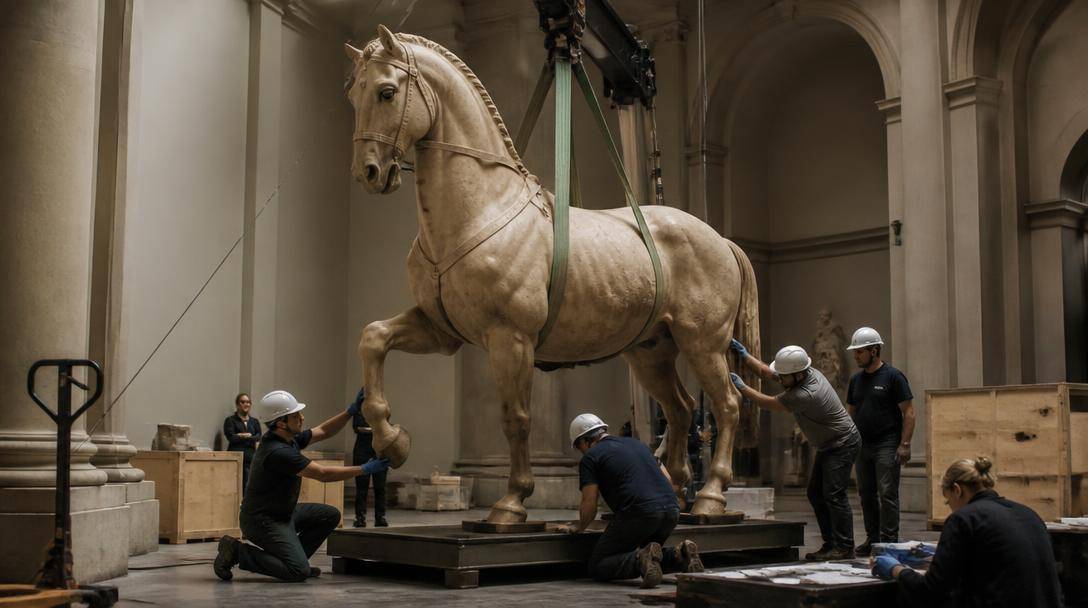 Tecnici museali lavorano all'allestimento di una grande scultura raffigurante un cavallo