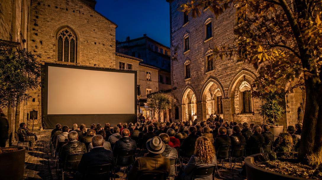 Spettatori riuniti per una proiezione cinematografica in una piazza storica delle Marche.