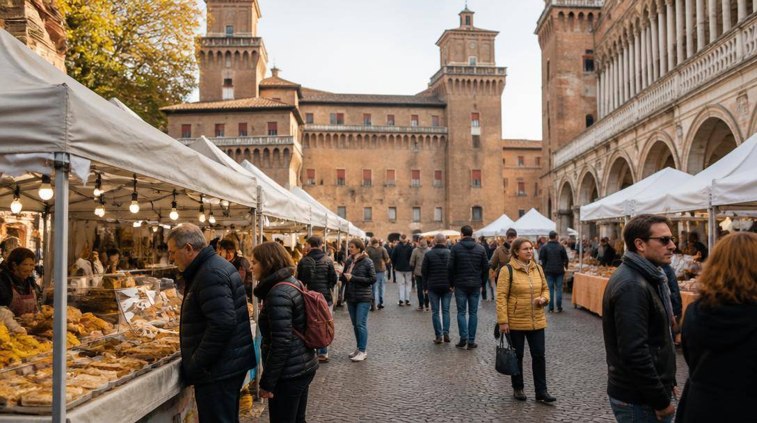 Visitatori tra banchi di specialità gastronomiche in una piazza storica di Ferrara.