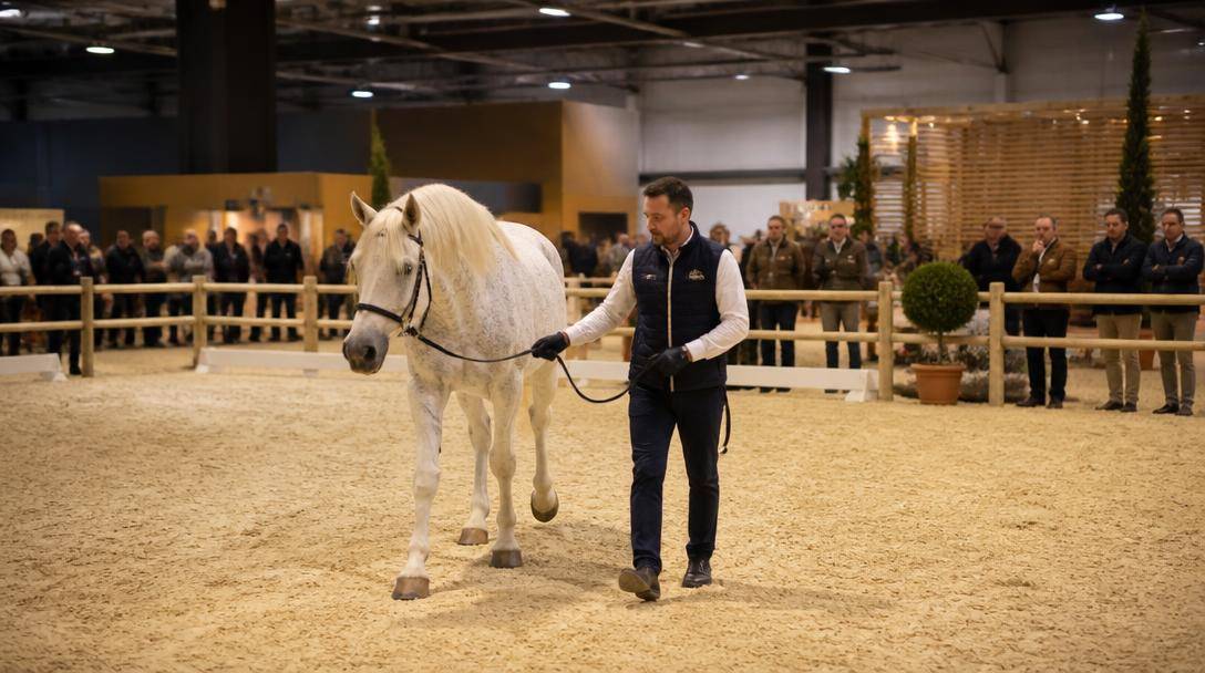 Cavallo accompagnato da un addetto in un'arena dimostrativa durante una manifestazione equestre