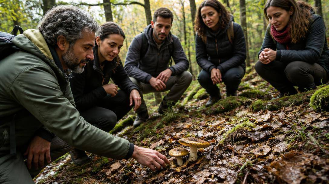 Escursionisti osservano funghi sul terreno di un bosco autunnale della Sardegna.