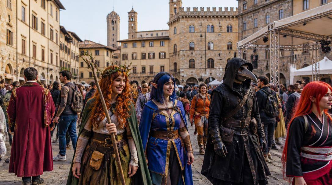 Visitatori in costume attraversano una piazza storica di Lucca durante un festival dedicato al fumetto