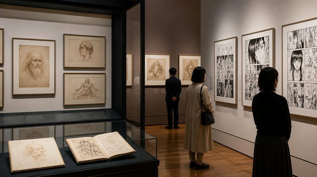 Disegni storici e illustrazioni manga esposti insieme in una sala museale