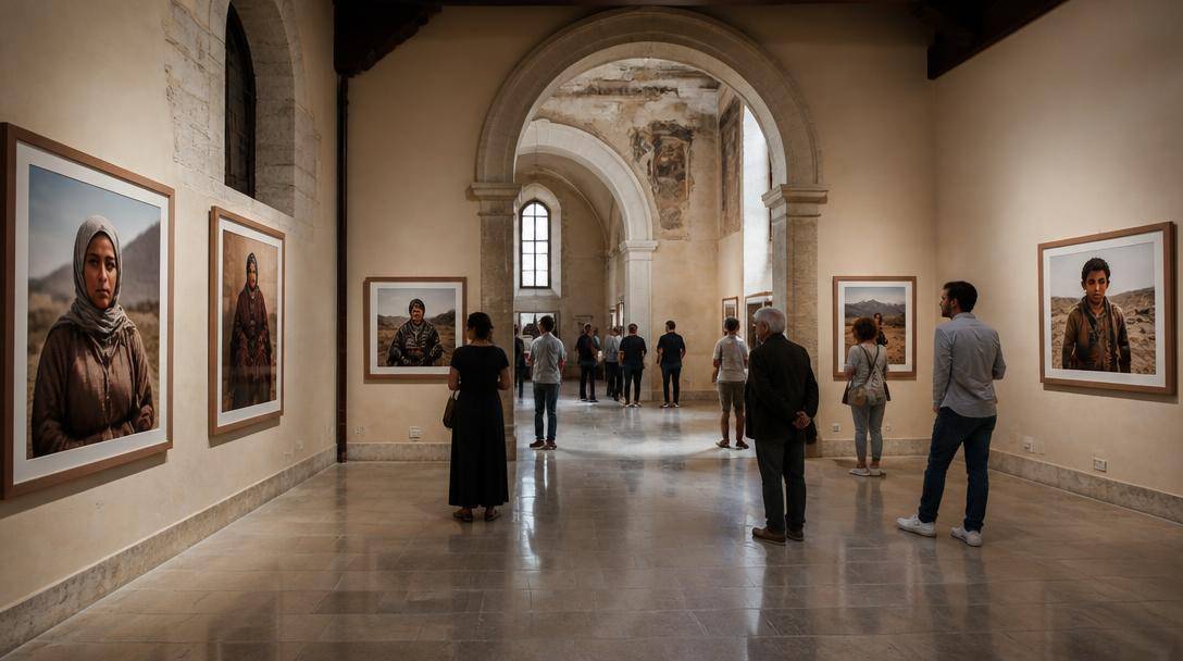 Visitatori osservano fotografie di viaggio esposte in una galleria a Perugia