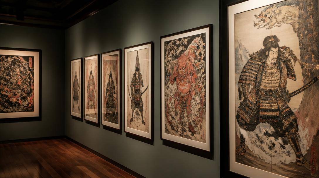 Stampe giapponesi con guerrieri e creature fantastiche esposte in una galleria museale