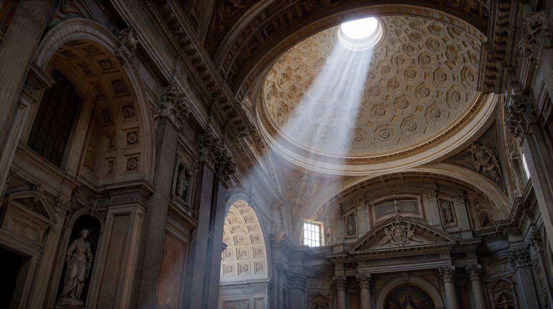 Interno di una chiesa barocca romana con cupola geometrica illuminata dalla luce naturale