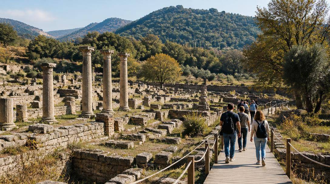 Visitatori percorrono un sito archeologico calabrese tra resti antichi e colline mediterranee.
